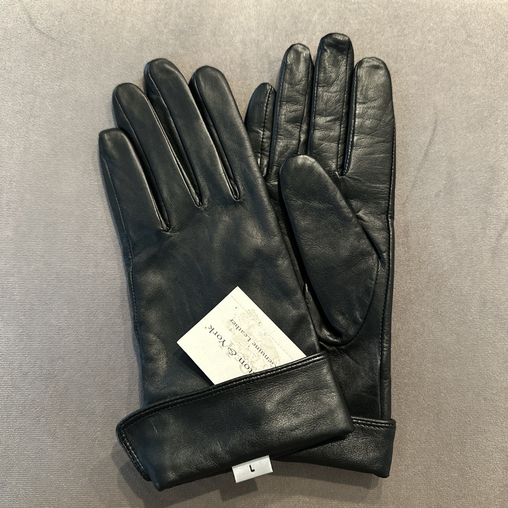 NWT Preston & York Black Genuine Leather Gloves L fleece lining 100% polyester